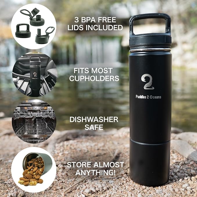 Insulated Water Bottle & Snack Container - Stainless Steel Water Bottle with Storage Compartment, 3 Lid Types BPA Free, Leak & Spill Proof Travel Bottle for Kids & Adults - Snack and Drink Cup