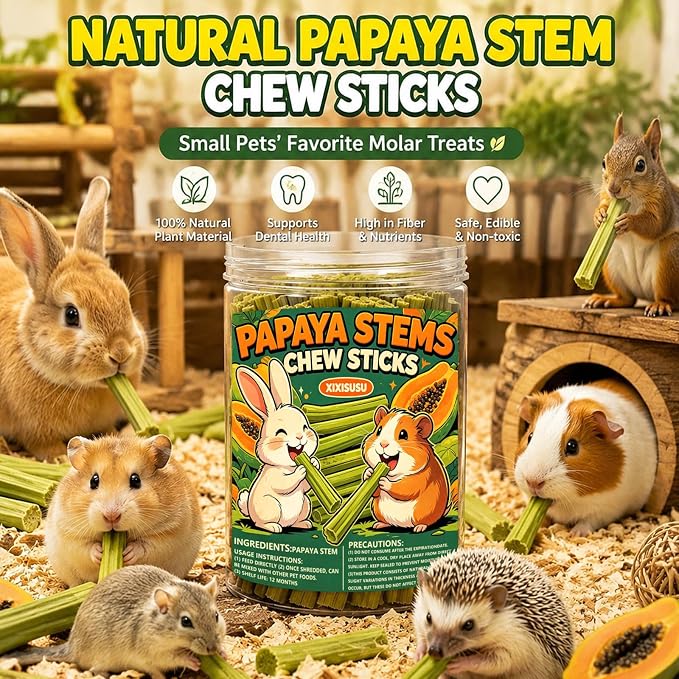 40pcs Natural Papaya Stems Chew Toys, Small Pet Molar Sticks for Rabbits, Hamsters, Chinchillas, Guinea Pigs, Squirrels & Hedgehogs