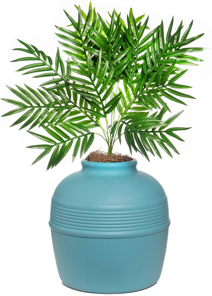 Good Pet Stuff Original Hidden Litter Box Planter, Decorative Cat Litter Enclosure, Carbon Filter, Faux Plant, Round Design, Easy to Clean, Base Kit, Palm Plant, Coastal Blue