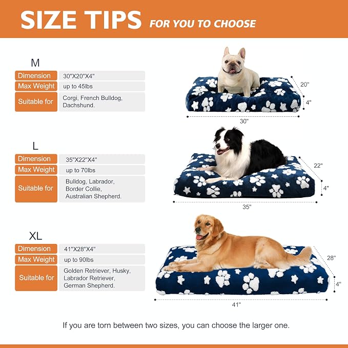 Dog Beds for Large Dogs, Cute Thick Dog Bed for Crate Kennel, Fluffy Pet Bed with Removable Washable Cover and Anti-Slip Bottom, 35"x 22", Navy Paw