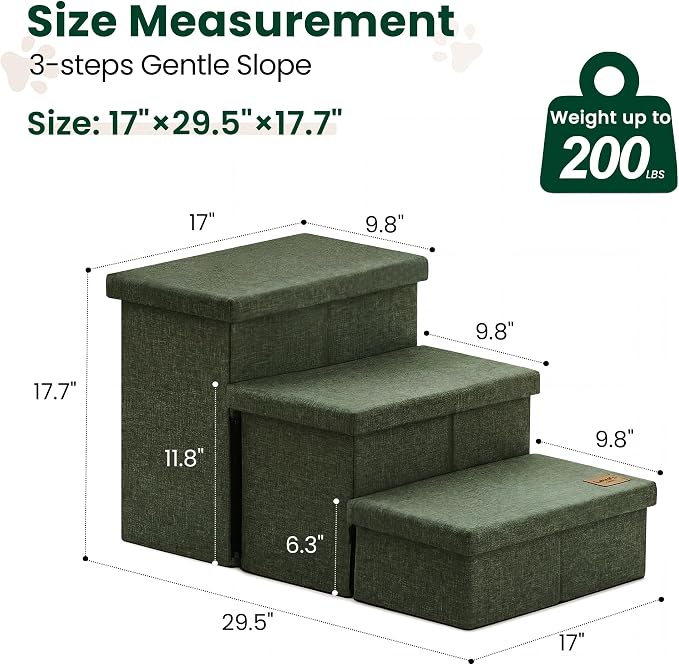 Love's cabin Dog Stairs for High Bed 18" H, Foldable Pet Stairs for Small Medium or Large Dogs Puppy with Storage for Bed or Couch, Cat Dog Steps Ramp with Zip up to 200 lbs, Dark Green, 3 Steps