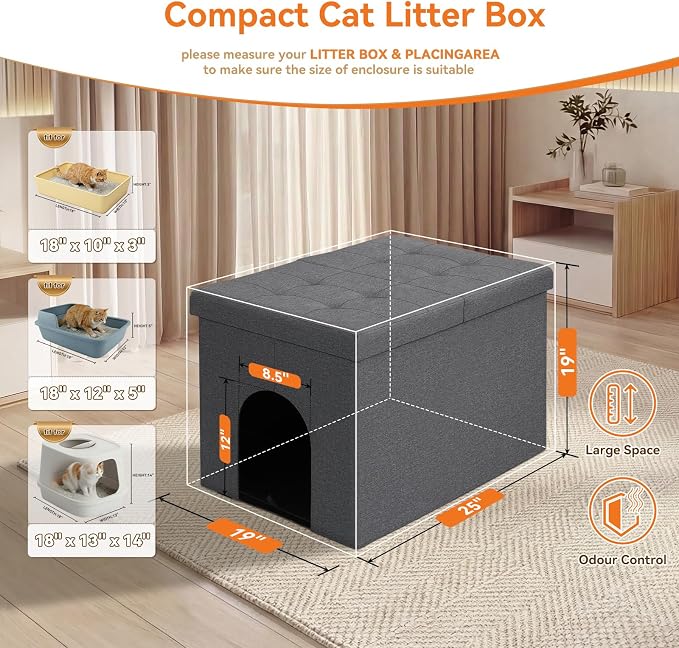 Cat Litter Box Enclosure Furniture for Odor Control, Hidden Cabinet Cat Litter Box Furniture Ottoman with Flip-Up Lid,Cats Litter Box Bench with Storage Space, Dog Proof (Grey, Large)