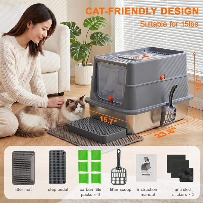XLarge Stainless Steel Litter Box with Flip Top Lid, High Sided Enclosed Metal Cat Litter Pan, Dog Proof Odor Control Easy Clean, Includes Litter Mat & Scoop, Step Pedal, Carbon Filter, Gray-XL