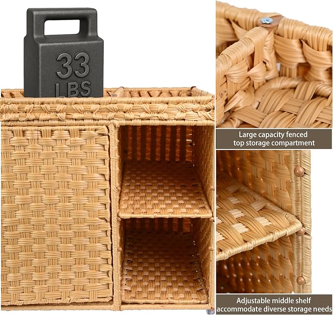Aesthetic Cat Litter Box Enclosure, Handwoven Rattan Hidden Litter Box Furniture with Extra Mat and Fence, Large Space Litter Box Cover with Divider for Bedroom Living Room Balcony, Yellow