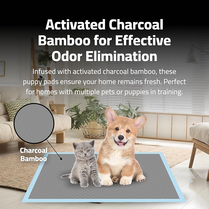 Epsilon Activated Charcoal Bamboo Odor Control Puppy Pads – 50 Count, Large Disposable Pee Pads w/ Super Quick Absorbent & 6-Layer Leak-Proof for Puppies & Cats - 24 x 36