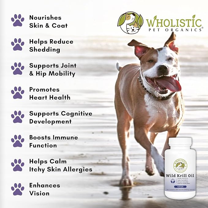 Wholistic Pet Organics Krill Oil for Dogs and Cats - Premium Antioxidant Support for Pets - Cat and Dog Skin and Coat Supplement with EPA, DHA, Astaxanthin - Omega 3 for Dogs and Cats - 200 Soft Gels