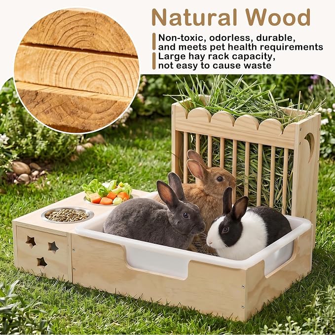 Upgraded 3‑in‑1 Wooden Rabbit Hay Feeder and Litter Box Combo | Extra Large, Mess‑Proof Hay Rack, Easy Clean, Stainless Steel Bowls, Small Pet Feeding Station