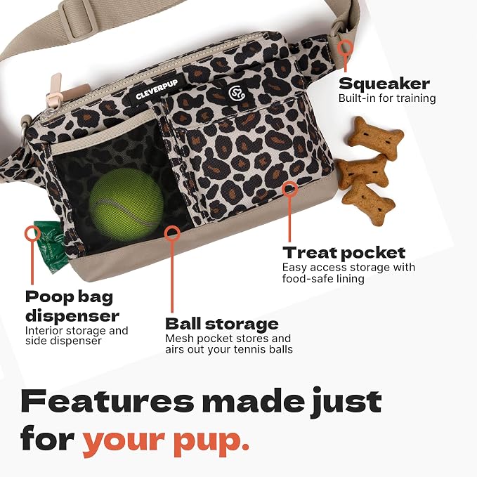 Cleverpup Walk & Train 2-in-1 Dog Walking Bag - Hands-Free Training Crossbody Sling & Fanny Pack with Treat Pouch, Poop Bag Holder, Phone Pockets - Adjustable Waist or Shoulder Strap - Leopard
