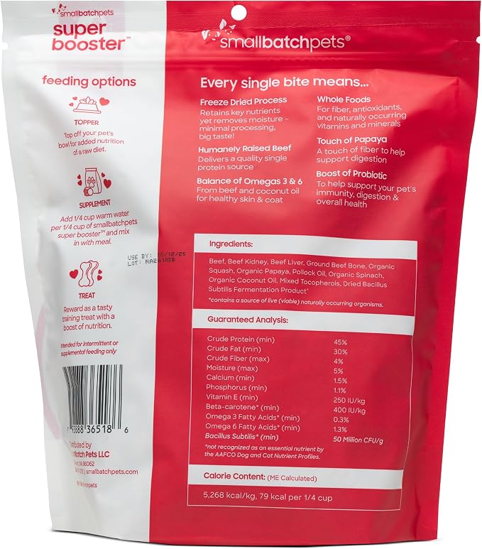 smallbatch Freeze Dried Dog Treats, Superfood Food Topper Beef Bites for Dogs & Cats, Probiotics, Organic Ingredients, High Protein, Grain Free Healthy Treat Food Topper, Made in the USA, 18 oz Bag