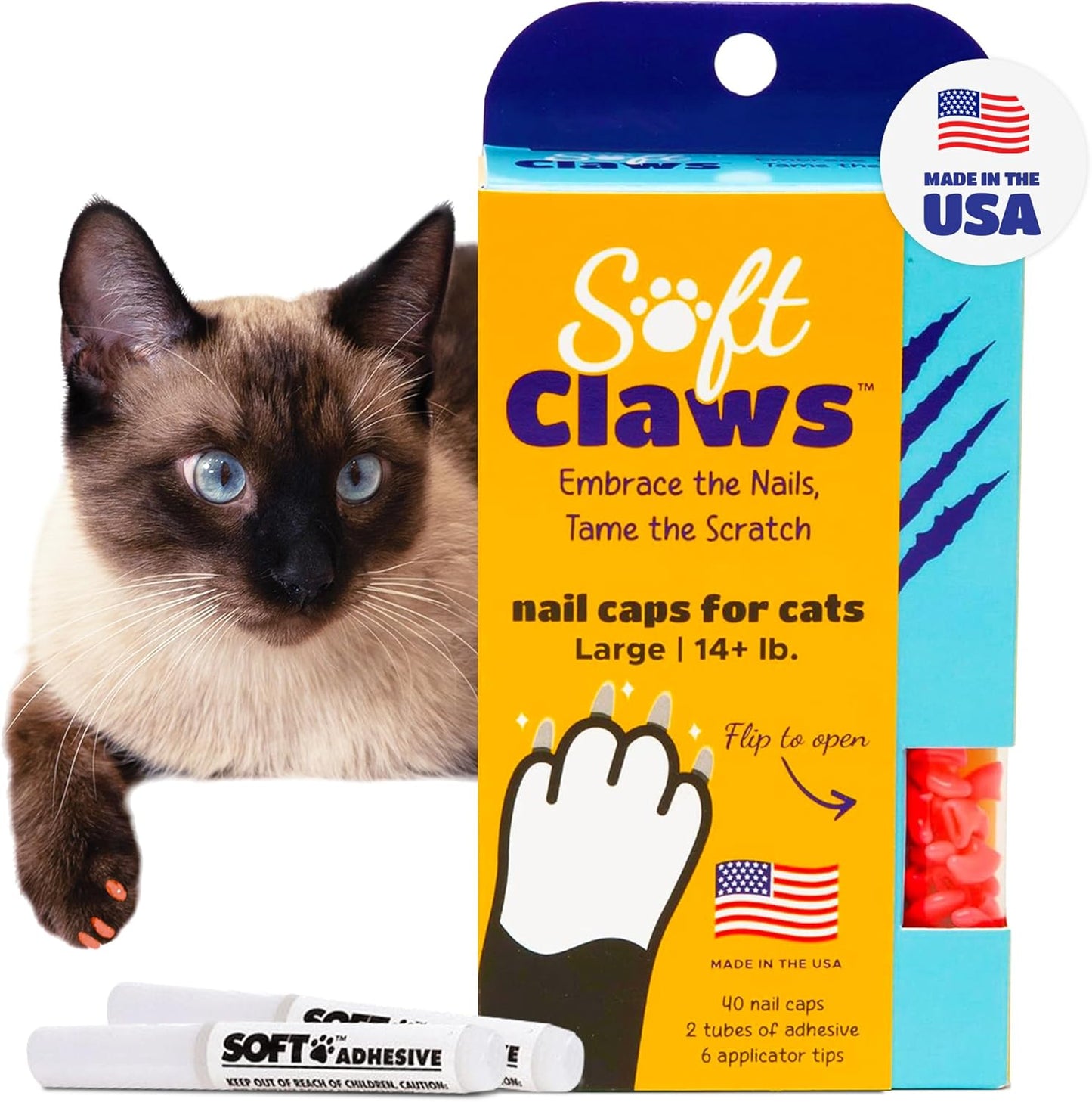 Soft Claws Cat Nail Caps for Large Cats – (40 Caps, Pink) - Made in USA - Veterinarian-Developed, Non-Toxic | Protects Furniture & Skin - Easy to Apply, Long-Lasting Anti-Scratch Soft Cat Claw Covers