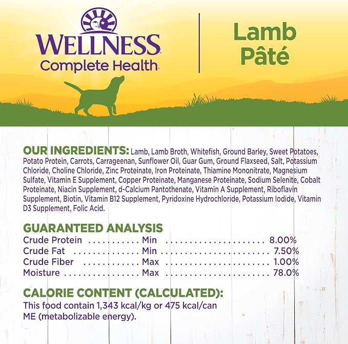 Wellness Complete Health Pate Adult Canned Wet Dog Food, Wholesome Grains, Natural, Lamb and Sweet Potato, 12.5 oz, Pack of 12 Cans
