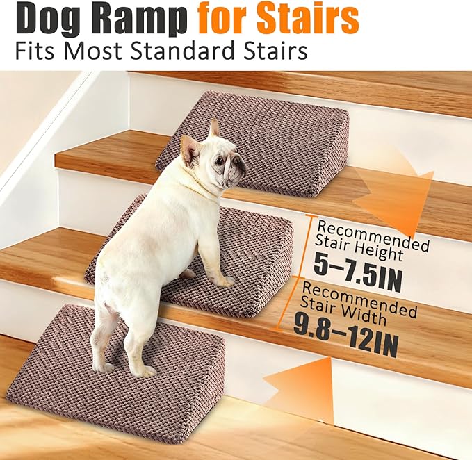 Dog Ramp for Stairs for Small & Senior Dogs and Cats – Non-Slip Stair Wedges for Dogs with Gentle Slope, Pet Ramp with Washable Cover & Self-Sticky Pads for Safe Climbing (Brown, 2 Pack)
