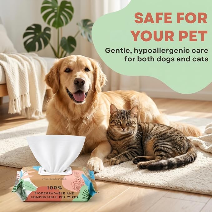 Eco Wave Hypoallergenic Plant-Based Pet Wipes, Dog and Cat Grooming Wipes for Face, Ears, Body, Butt, and Paws, Fragrance Free, Compostable, 100 Count