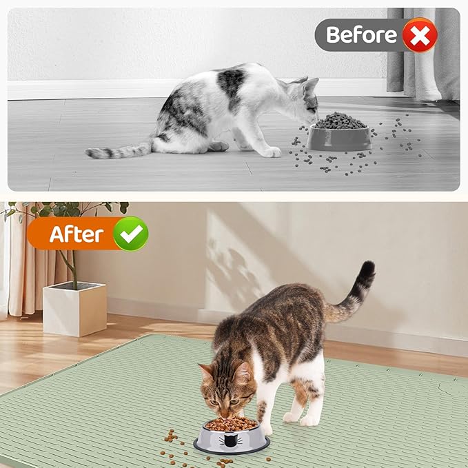 Cat Food Mat, 40" x 28" Cat Litter Mat Extra Large Silicone Pet Feeding Mat with Raised Edge Pet Placemat for Food and Water Bowl Non-Slip, Easy to Clean, Floor Protection (Green)