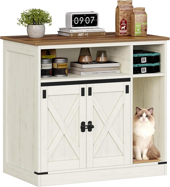 Hzuaneri Cat Litter Box Enclosure, Hidden Litter Box Furniture with Storage, Wooden Cat Cabinet with Scratch Pad, Farmhouse Cat Washroom, TV Stand End Table, Rustic Brown and White CB87514X