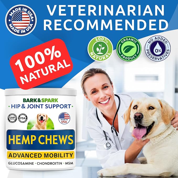 Hemp Hip & Joint Supplement for Dogs - Glucosamine for Dogs - Dog Joint Pain Relief Treats - Chondroitin, MSM - Mobility & Flexibility Support - Advanced Joint Care & Health - Made in USA (180Ct)
