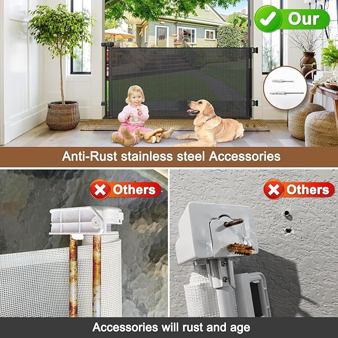 100" Wide Weatherproof Outdoor Retractable Baby Gates for Decks with No Rust Screws and Rods, Waterproof 8 Ft Extra Wide Baby Gate for Large Opening, Scratch-Resistant Mesh Retractable Dog Gate, Black