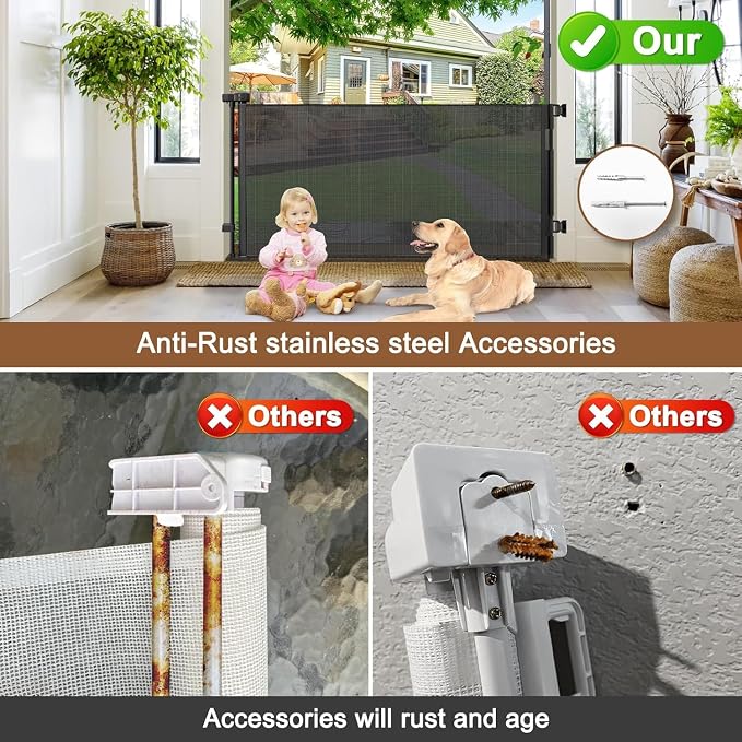 Weatherproof Outdoor Retractable Baby Gates for Decks with No Rust Screws and Rods, 72" Wide Waterproof Outdoor Baby Gate, 6 ft Scratch-Resistant Mesh Retractable Dog Gate for Parents and Pet Owners
