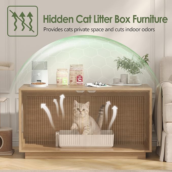 Fluted Cat Litter Box Enclosure, 31.5" Hidden Litter Box Furniture Cabinet with Double Doors, Reversible Entrance Left or Right Side, Indoor Cat House, Modern End Table for Living Room, Oak
