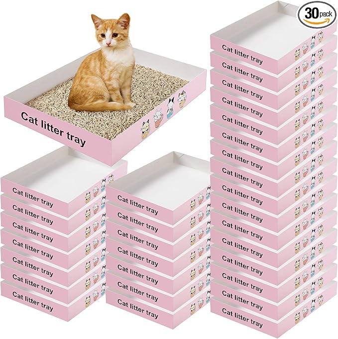 Roshtia 30 Pcs Disposable Cat Litter Box Foldable Paper Kitty Tray 13.8 x 10 x 2 Inch Portable Kitten Pan Low Entry Lightweight Cardboard(Cat Litter Tray,Pink)