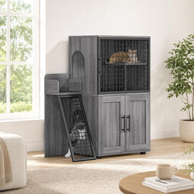 Garvee Cat Litter Box Enclosure, 2-Tier Cat House with Ladder, Hidden Litter Box Cabinet with Storage, 33.5 x 17.9 x 41.9 Inches, Dog Proof Cat House for Hallway, Bedroom, Living Room