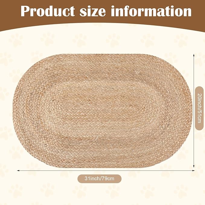 Tinideya Braided Jute Dog Bowl Mat 31 x 20 Inch Pet Food Rustic Mat Natural Cat Placemats for Food and Water Dish Oval Rug Non Toxic Feeding Mats for Pet Bowl or Farmhouse Decor