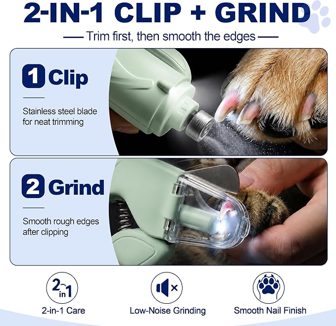 2-in-1 Dog Nail Clippers with Light - Electric Pet Nail Grinder Quiet for Small Large Dogs & Cats, LED Prevent Over Cutting, USB-C Rechargeable Safety Guard Grooming Kit for Black Nails, Green