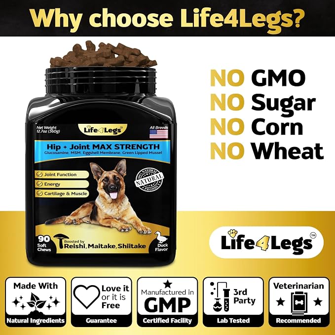 Joint Supplement for Dogs 500mg Glucosamine + 500mg MSM, Eggshell Membrane - Daily Hip and Joint Chews with Chondroitin, Green Lipped Mussel, Duck Flavor, Non-GMO, 90ct