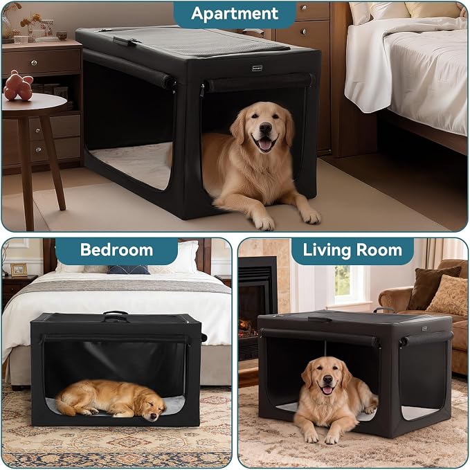 PETSFIT Portable Dog Crate for Small Dogs, – 24" Soft Dog Travel Crates with Lockable Zippers & Thicken Mat, Adjustable Patented Spiral Steel Frame, Collapsible Kennel for Indoor & Outdoor