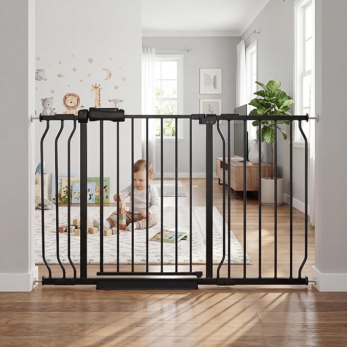 Extra Wide Baby Gate Tension Indoor Safety Gates Black Metal Large Pressure Mounted Pet Gate Walk Through Long Safety Dog Gate for The House Doorways Stairs (48.03"-52.76"/122-134CM, Black)
