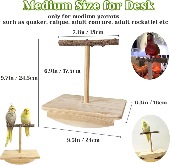 Natural Wood Bird Spinner & Perch Set (2PCS) - Chewing Hanging Toys with Bells & Training Stand for Cockatiel, Conure, Lovebird, Budgie, Quaker - Puzzle Enrichment