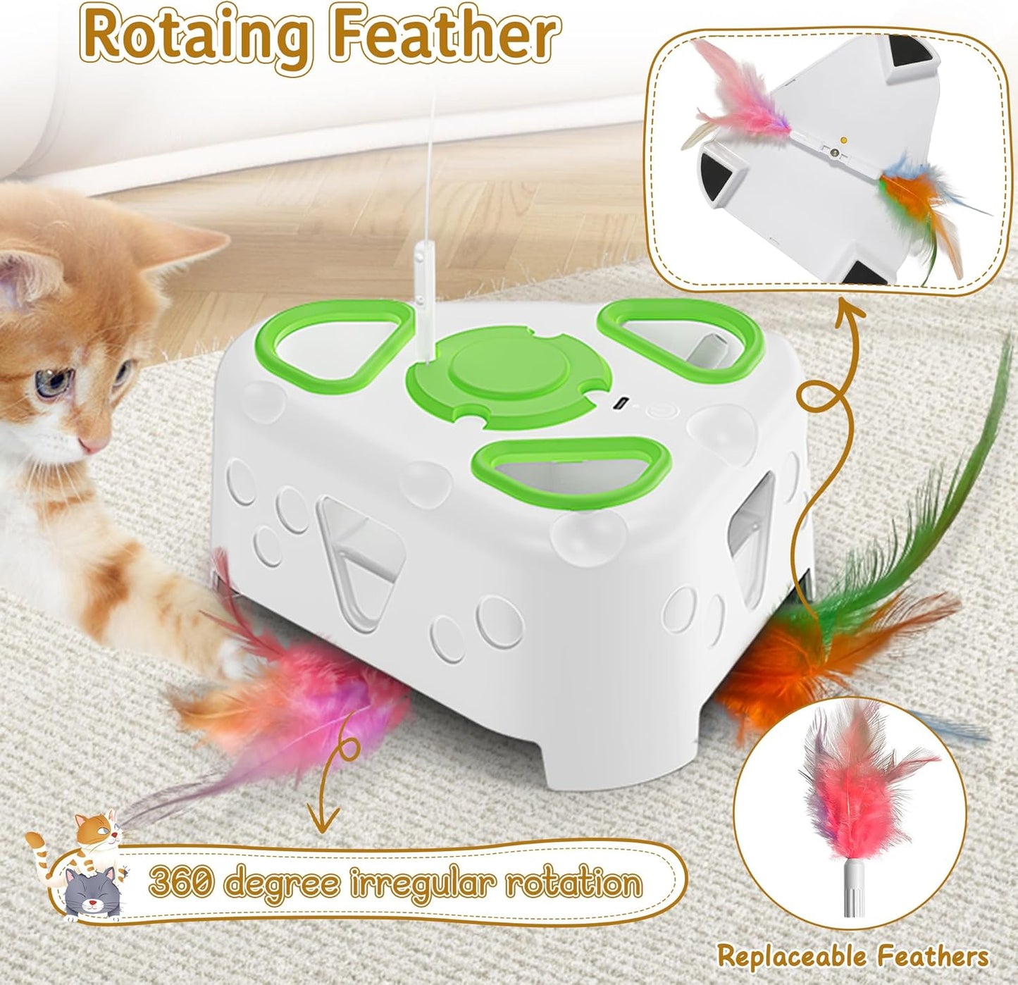 3-in-1 Interactive Cat Toys for Indoor Cats,Automatic Kitten Toy,Flying Bird,6 Holes Mole,Rotating Feather, Rechargeable USB Interactive Cat Feather Toys for Bored Indoor Cats