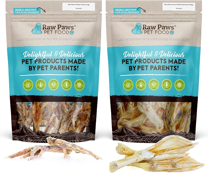 Raw Paws Freeze Dried Feet Chews Bundle - Freeze Dried Duck Feet for Dogs (10 Pack) & Chicken Feet Dog Treats (10 Pack) - Made in USA - Duck & Chicken Dog Treats - Single Ingredient Dog Chews