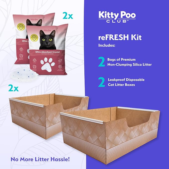 Kitty Poo Club Disposable Cat Litter Box 2-Pack with 2 Bags Ultra-Absorbent Silica Crystal Litter, Patented Leak-Proof Design, 30-Day System, Low Dust, Perfect for Travel and Multi-Cat Homes