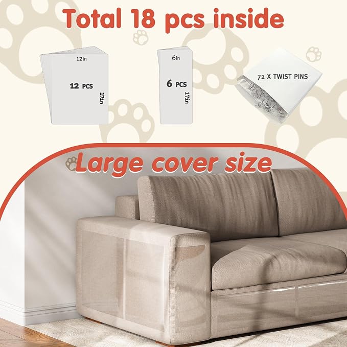 Secopad 18 PCS Large Cat Scratch Furniture Protector, Transparent Couch Protector from Cat Claws, Single-Sided Self Adhesive Anti Pet Deterrent Sofa Cover, 17IN (Pack of 2)