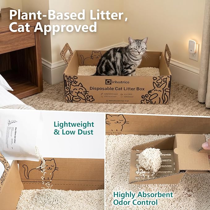 Cat Litter Travel Kit with Flushable Clumping Litter, Foldable Disposable Cardboard Litter Box & Scoop, Portable Cat Travel Essentials for Road Trips, Hotels, Moving & Emergency Use