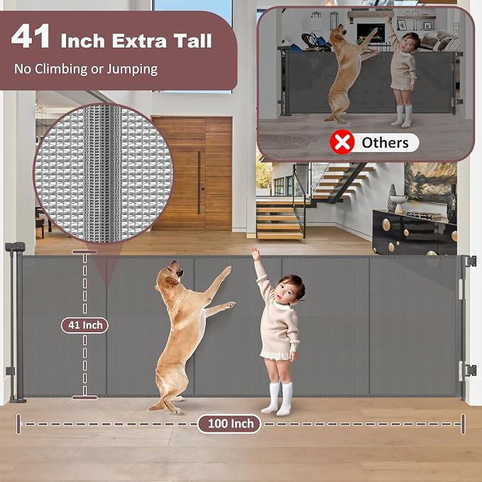 Reinforced 41" Extra Tall Pet Gate 100" Extra Wide Retractable Baby Gate with Support Rods, Indoor Retractable Gate Mesh Dog Gates for The House Outdoor Wide Baby Gates for Large Openings, Gray