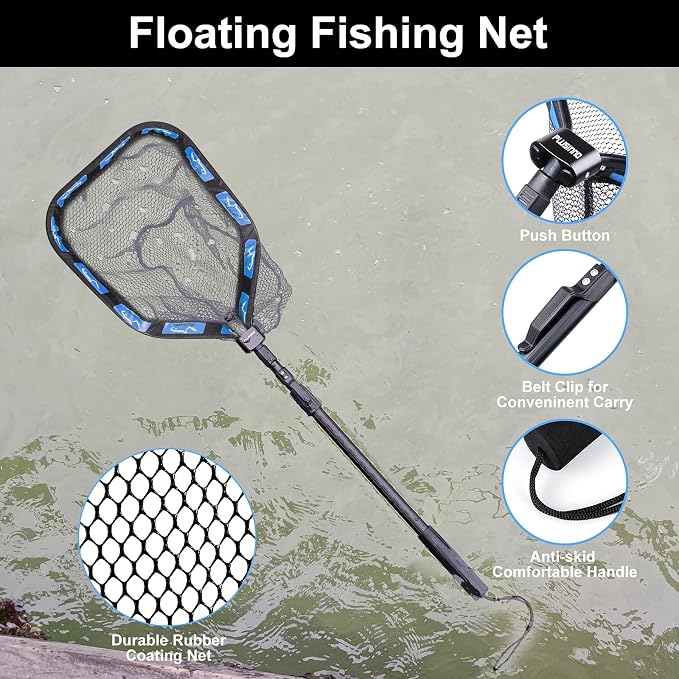PLUSINNO Floating Fishing Net for Steelhead, Salmon, Fly, Kayak, Catfish, Bass, Trout Fishing, Rubber Coated Foldable Landing Net with Fixed or Telescoping Pole Handle, Fishing Gear and Gifts for Men