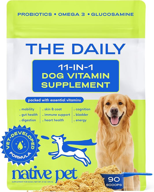 Native Pet The Daily Dog Vitamins & Supplements - 11-in-1 Multivitamin Powder for Dogs - Supports Whole Body Health, Digestion, Mobility & Immunity with Collagen, Glucosamine & Probiotics – 90 Scoops