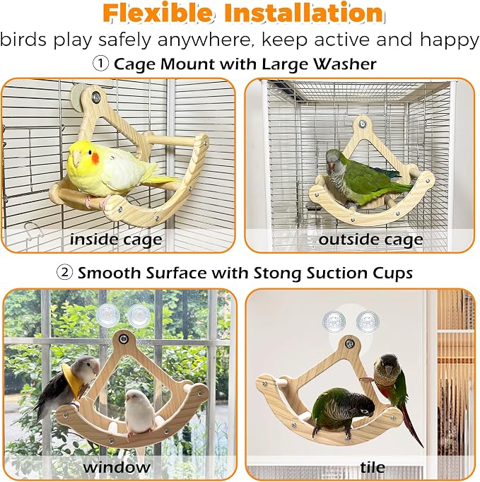 2PCS Natural Wood Bird Spinner Toys & Rocking Perch Set - Chewing Hanging Toys with Bells & Window-Mounted Perch for Cockatiel, Conure, Lovebird, Budgie, Quaker