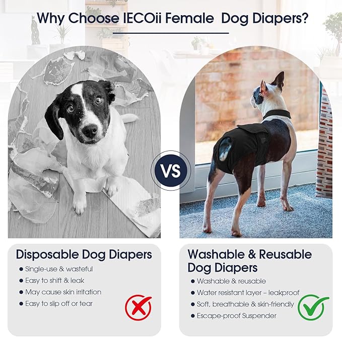 IECOii Washable Dog Diapers Female with Suspenders,Escape-Proof Dog Period Diaper for Heat, Incontinence & Potty Training,Anti-Harassment Pet Period Underwear, Home Carpet Accident Protection, XL