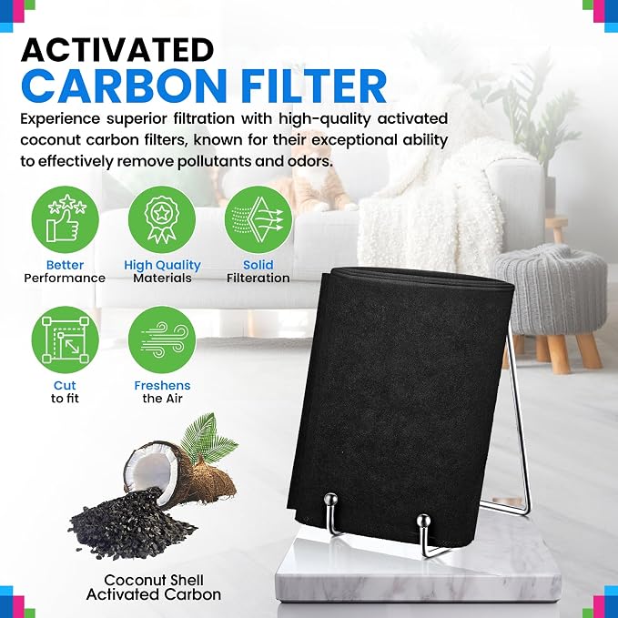 Cut to Fit Activated Carbon Filter Sheet 16” x 48” - Activated Carbon Air Filter for Air Purifiers Window AC Air Vent And More - Charcoal Filters Effectively Remove Odors & Freshens the Air (1-Pack)