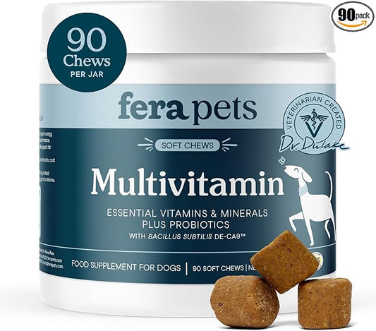 Fera Pets Dog Multivitamin Chews with Glucosamine and Probiotics - Essential Dog Vitamins & Minerals - Promotes Healthy Digestion & Joints - Boosts Skin & Coat Health with Omega-3s - 90 Soft Chews