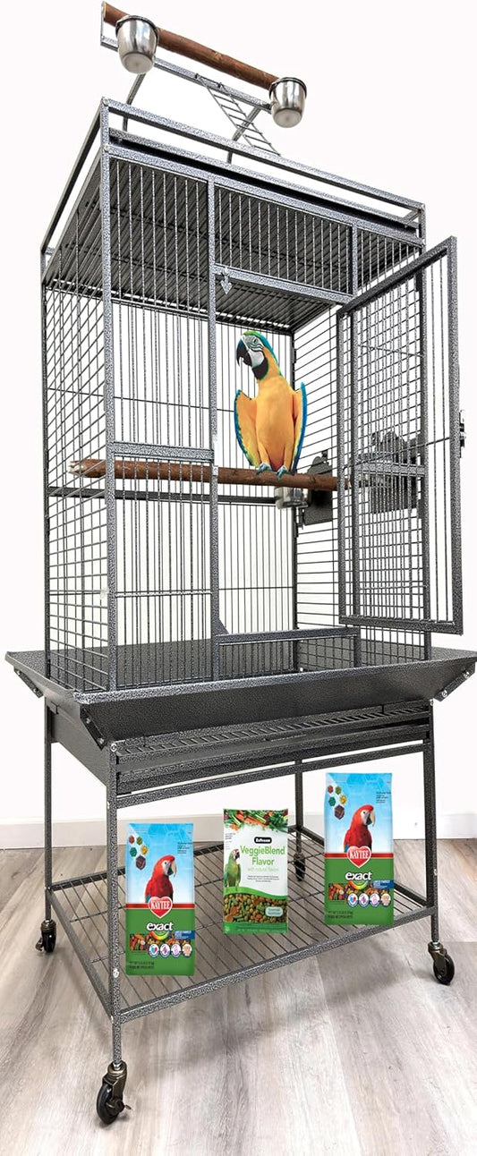 Large Elegant and Durable Wrought Iron Play Ground Perch Stand Top Climbing Ladder Bird Parrot Rolling Metal Cage with Around Seed Guard Storage Shelf On Heavy Duty Lockable Rolling Wheels
