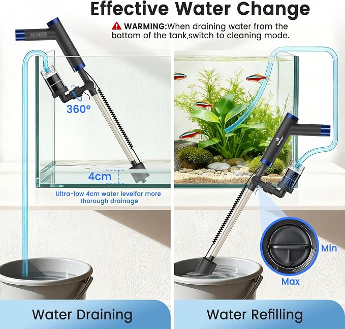 fishkeeper Electric Fish Tank Cleaner – 8W Rechargeable Aquarium Cleaning Tools with Gravel Vacuum, 213GPH Automatic Water Changer with Debris Cleaning & Sand Washing for Freshwater Saltwater Tanks