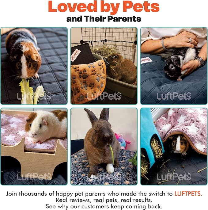 LUFTPETS Reusable Guinea Pig Cage Liners 5 Pcs - 2 Washable Midwest Pee Pads 47"x24" & 3 Soft Bunny Fleece Blankets 24"x16", Waterproof Rabbit Bedding with Odor Control, Absorbent Small Pet Mats