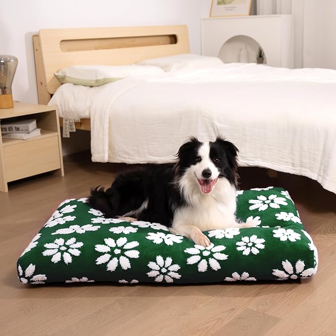 Dog Beds for Small Medium Dogs, Cute Thick Dog Bed for Crate Kennel, Fluffy Pet Bed with Removable Washable Cover and Anti-Slip Bottom, 30"x 20", Green Flower