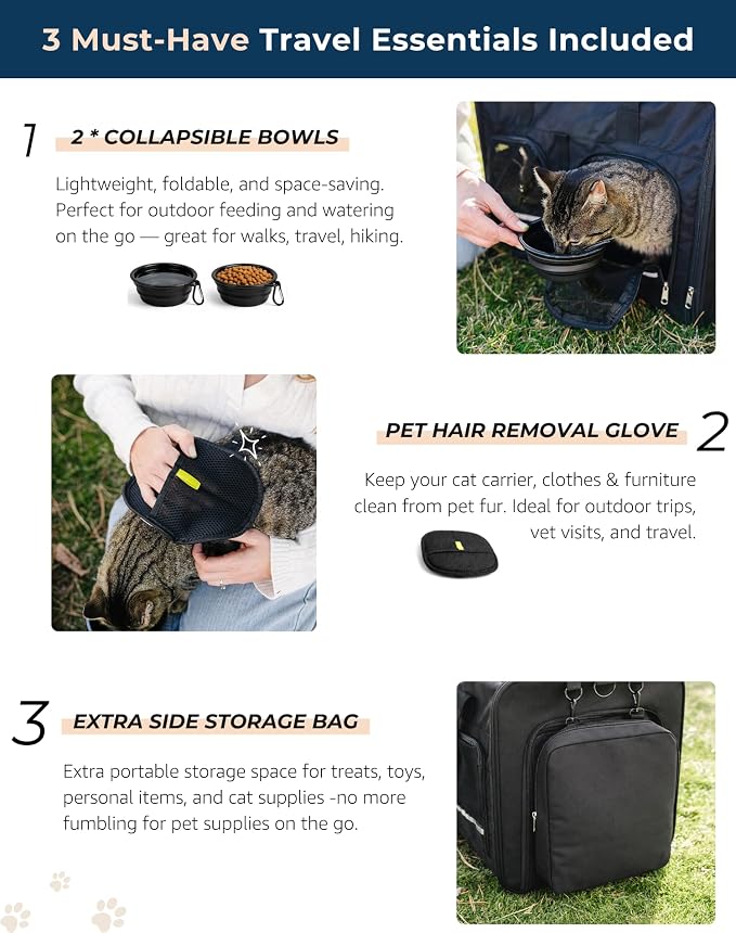 Extra Large 3-in-1 Cat Carrier for 2 Cats, with Removable Divider, Superior Ventilation, Portable Soft Sided Double Cat Carrier Large, Hair Removal Glove, 2*Bowl, Extra Side Storage Bag Included
