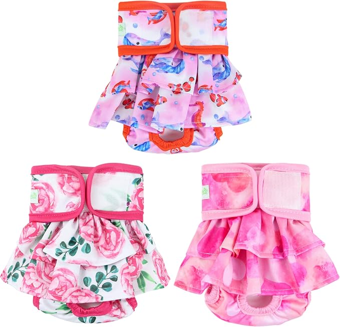 wegreeco Washable Dog Diapers (3 Pack), Highly Absorbent Dog Diapers for Female Dogs in Heat, Period, Incontinence, or Excitable Urination (Ocean of Flowers, Large)