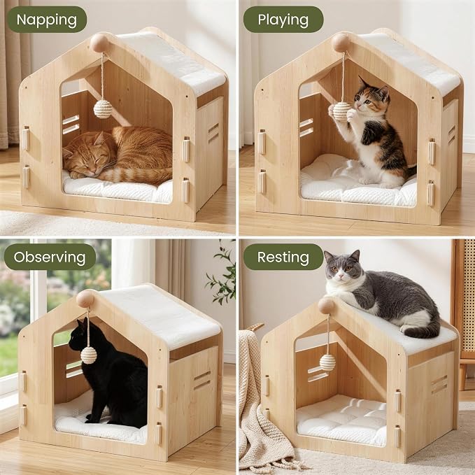 Spacious cat House，Enclosed cat Bed with a Padded Cotton pad and cat Ball，Easy to Assemble and Clean